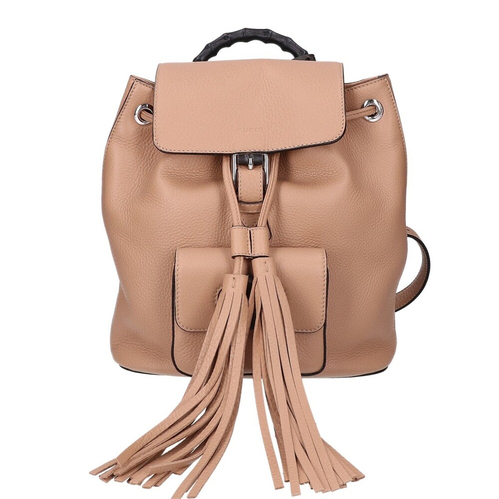 GUCCI 387149 Bamboo Calfskin Embossed Logo Fringe Charm Backpack, Beige, Silv...